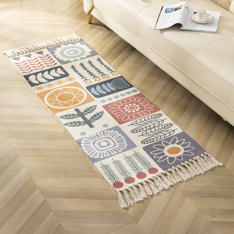 Modern Plant Printed Rug Multi-Colored Jute Area Carpet Easy Care Pet Friendly Stain-Resistant Indoor Rug with Tassel for Bedroom