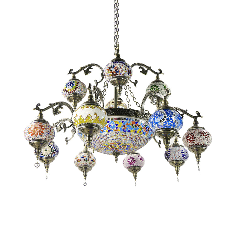Curved Arm Metal Chandelier Traditional 15 Heads Bronze Hanging Light Kit with Ball Colorful Glass Shade