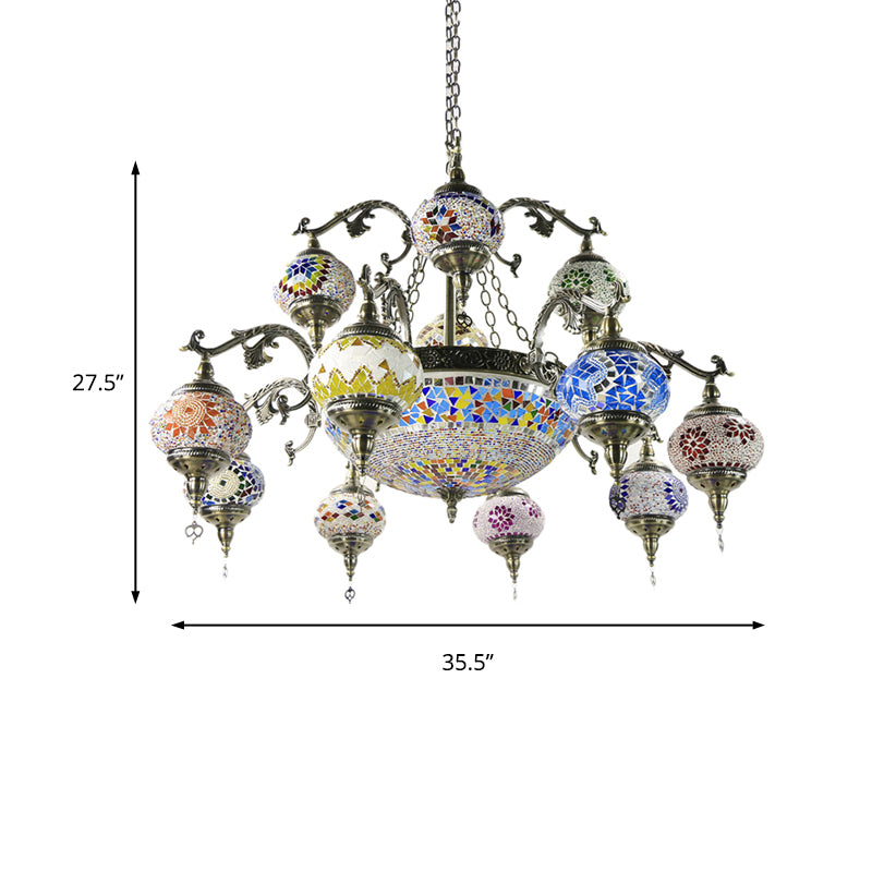 Curved Arm Metal Chandelier Traditional 15 Heads Bronze Hanging Light Kit with Ball Colorful Glass Shade