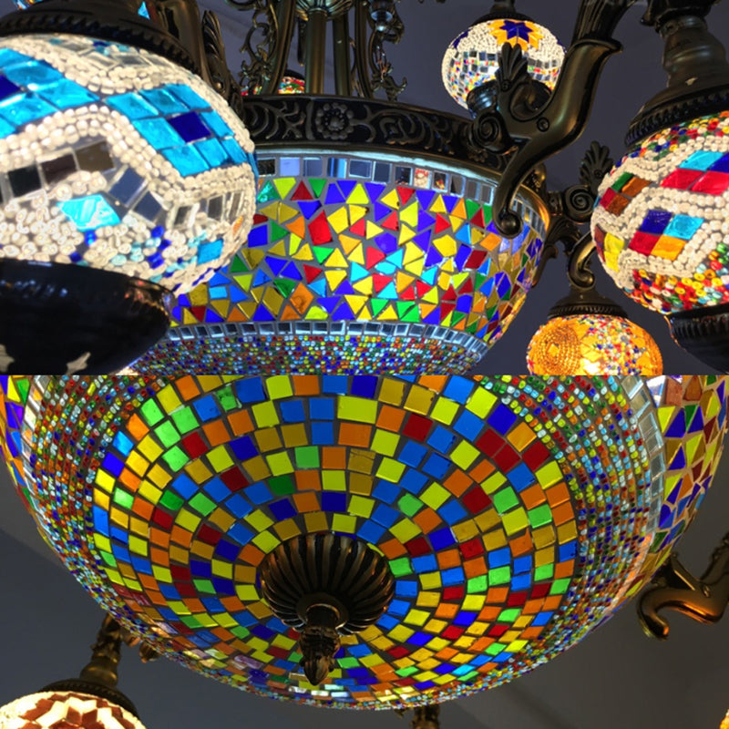 Curved Arm Metal Chandelier Traditional 15 Heads Bronze Hanging Light Kit with Ball Colorful Glass Shade