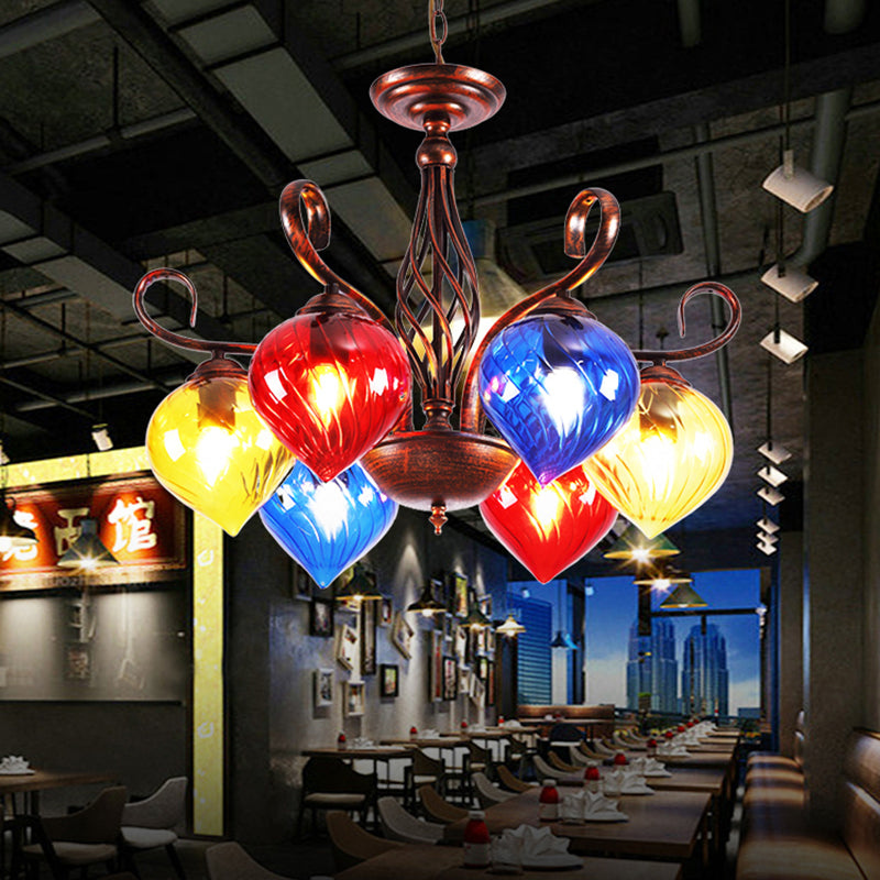 Red Brown Pine Chandelier Lamp Antique 6 Heads Colorful Glass Ceiling Pendant Light