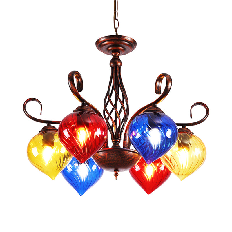Red Brown Pine Chandelier Lamp Antique 6 Heads Colorful Glass Ceiling Pendant Light