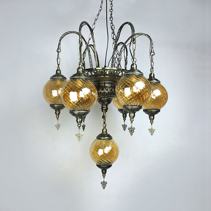 Globe Chandelier Vintage Amber Swirl Glass 7 Bulbs Pendant Light Fixture for Coffee House