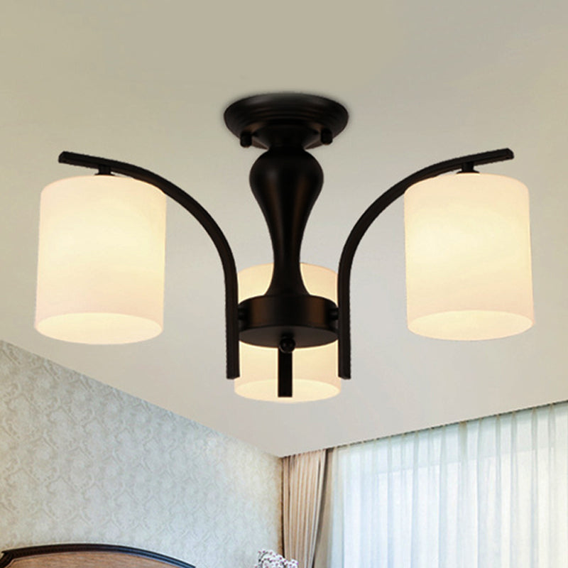 3/5/6 Lights Semi Flush Mount Traditional Cylinder Frosted Glass Ceiling Light in Black for Bedroom