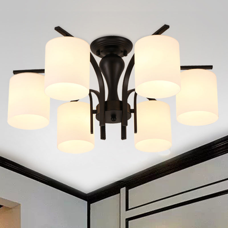 3/5/6 Lights Semi Flush Mount Traditional Cylinder Frosted Glass Ceiling Light in Black for Bedroom