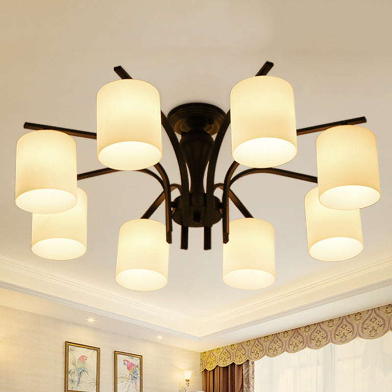 3/5/6 Lights Semi Flush Mount Traditional Cylinder Frosted Glass Ceiling Light in Black for Bedroom