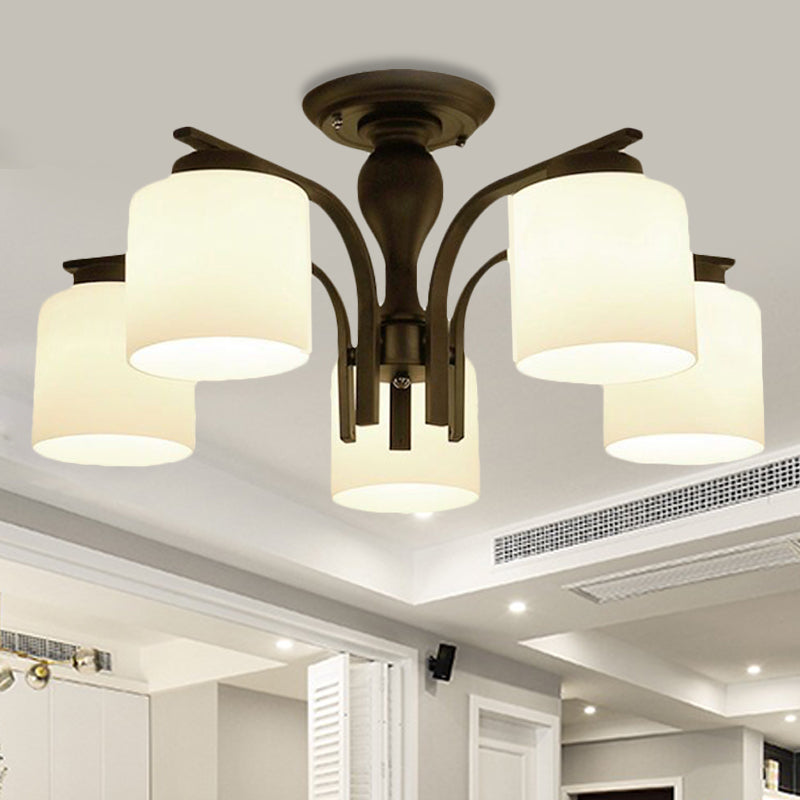 3/5/6 Lights Semi Flush Mount Traditional Cylinder Frosted Glass Ceiling Light in Black for Bedroom