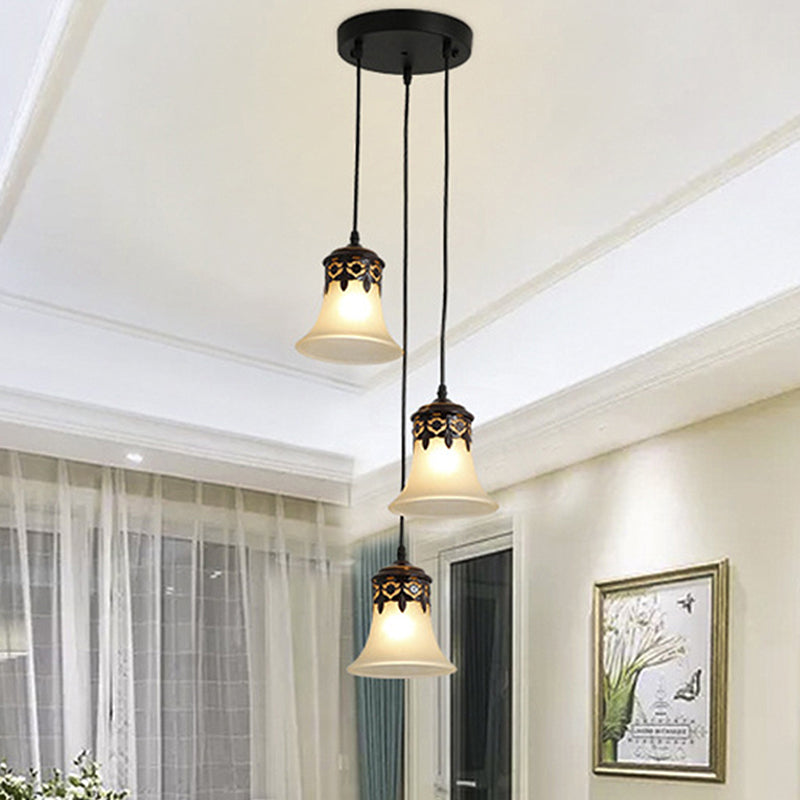 Black Bell Cluster Pendant Traditional Frosted Glass 3 Lights Living Room Hanging Lamp