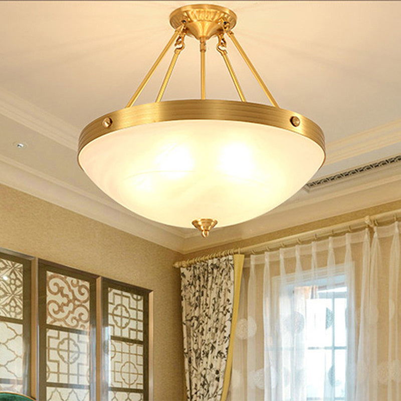 Gold 3 Leuchten Deckenhalterung Traditionelle gefrostete Glasschale -Form -Halbblütenlicht für Esszimmer, 12 "/16" /19,5 "breit