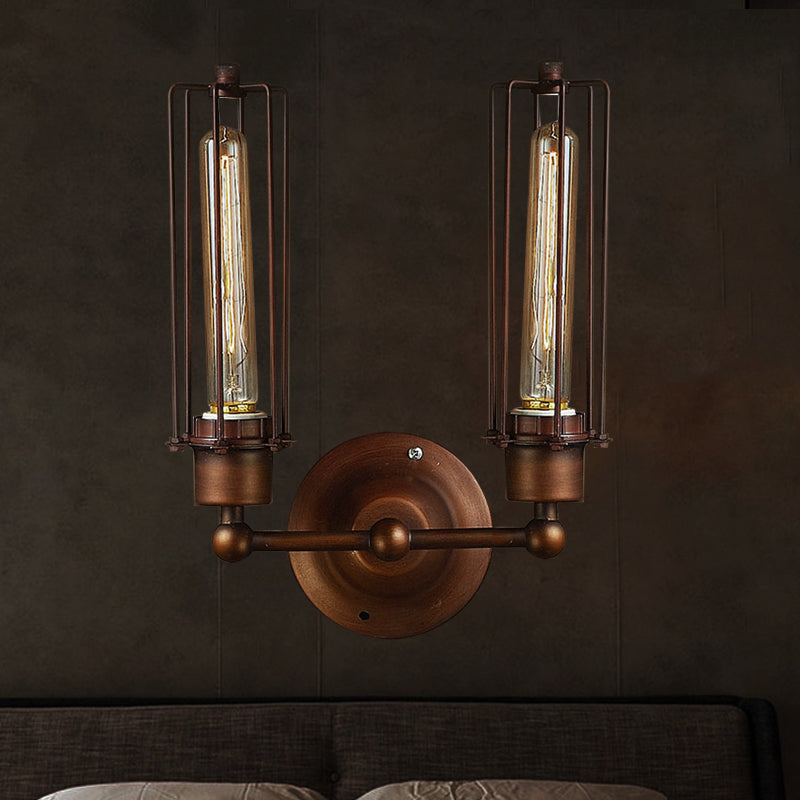 1/2/4-Light Cage Wall Sconce Lighting with Tube Shape Industrial Bronze Wrought Iron Wall Lamp for Dining Table