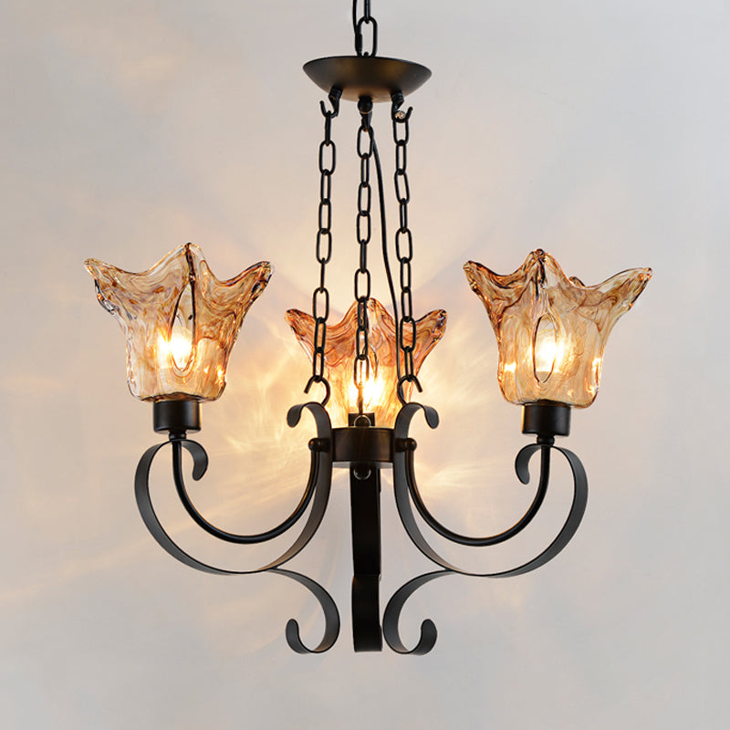 3/6/8 Bulbs Ceiling Lamp Scroll Amber Glass Classic Living Room Chandelier Pendant Light with Flower Shade