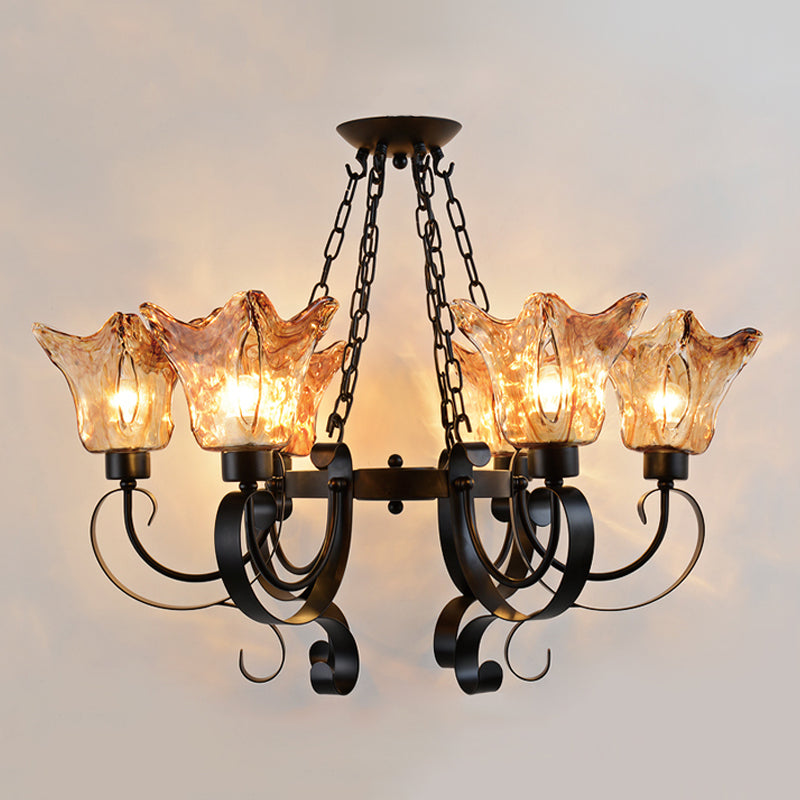 3/6/8 Bulbs Ceiling Lamp Scroll Amber Glass Classic Living Room Chandelier Pendant Light with Flower Shade