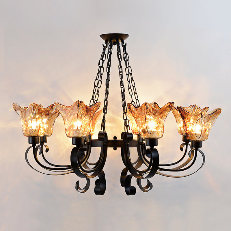 3/6/8 Bulbs Ceiling Lamp Scroll Amber Glass Classic Living Room Chandelier Pendant Light with Flower Shade