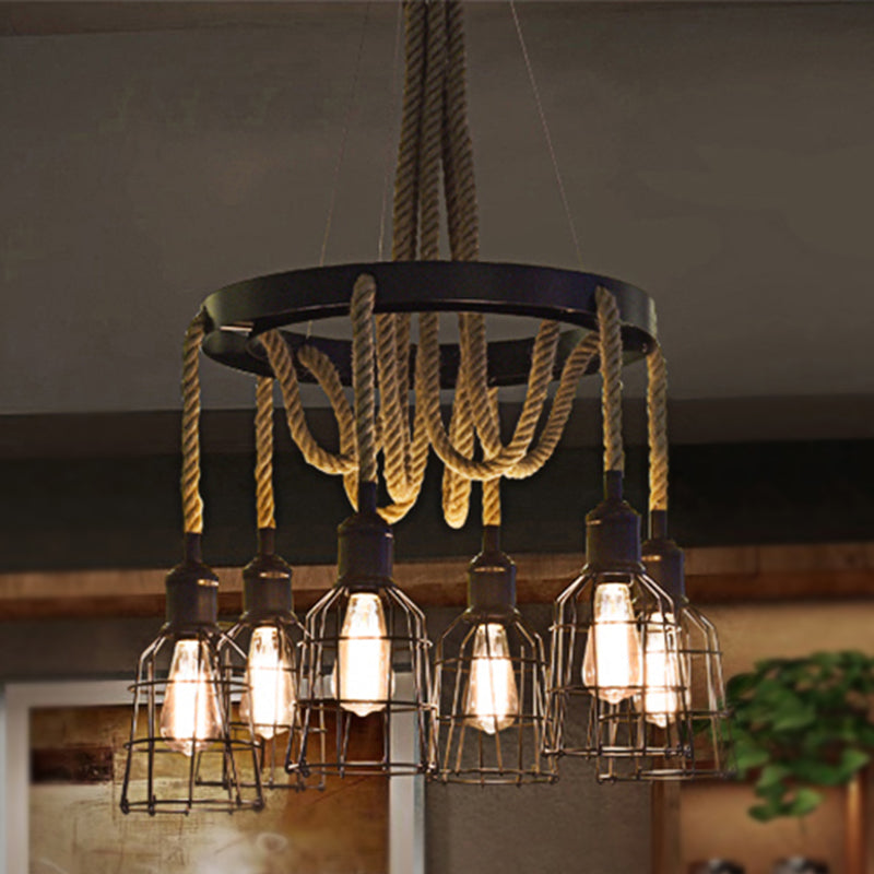 Black Multi Light Chandelier Pendant Light Vintage Style Metal Global/Bell Cage Pendant Lamp with Rope