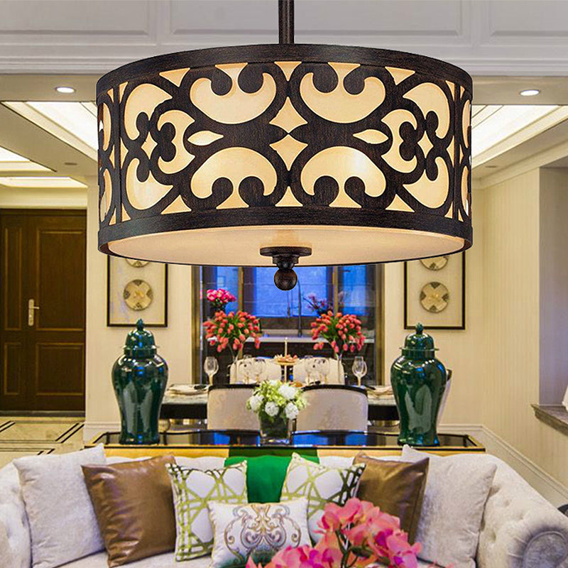 4 Lights Semi Flush Mount Traditional Drum Metal Ceiling Light in Rust for Living Room, 16"/19.5"/23.5" Wide