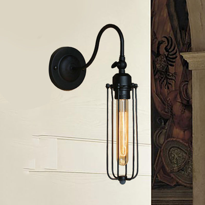 Black Globe/Oval Cage Wall Mount Light with Gooseneck Arm Retro Style Metallic 1 Head Bedroom Mini Wall Lamp