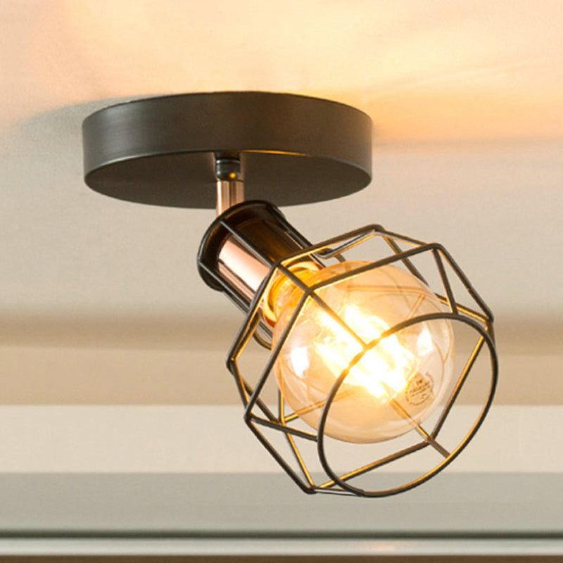 Zwart/witte plafondlamp met draadkooi, industrieel metaal, 1 lamp, semi-inbouwlamp voor slaapkamer