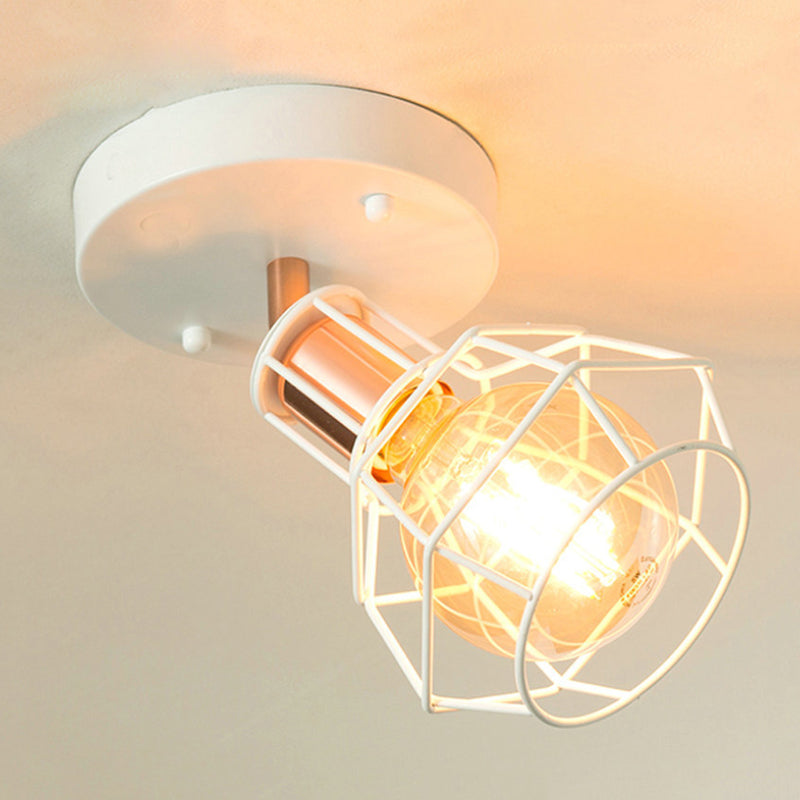 Zwart/witte plafondlamp met draadkooi, industrieel metaal, 1 lamp, semi-inbouwlamp voor slaapkamer