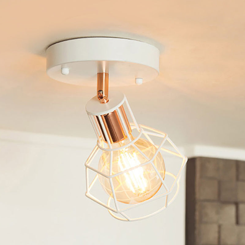 Zwart/witte plafondlamp met draadkooi, industrieel metaal, 1 lamp, semi-inbouwlamp voor slaapkamer