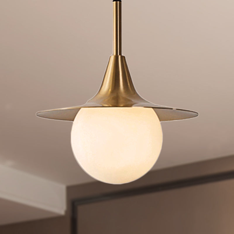 1 Light Flared Ceiling Pendant Light with Milk Glass Ball Shade Mid Century Brass Hanging Lamp for Dining Table