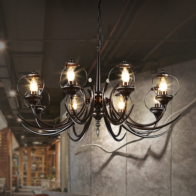 Farmhouse Wire Guard Chandelier Lighting with Curved Arm 8 Heads Iron Hanging Light Fixture in Black