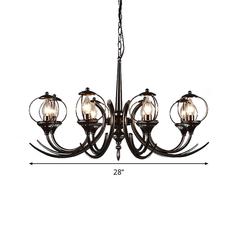 Farmhouse Wire Guard Chandelier Lighting with Curved Arm 8 Heads Iron Hanging Light Fixture in Black