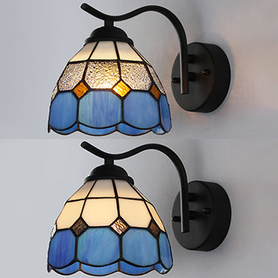 Mediterranean Dome Wall Lighting with Curved Arm Stained Glass 1 Light Sconce Light in White/Clear