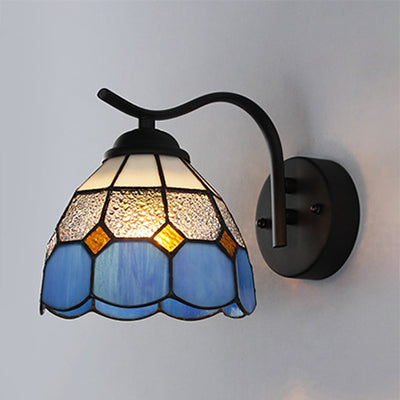 Mediterranean Dome Wall Lighting with Curved Arm Stained Glass 1 Light Sconce Light in White/Clear
