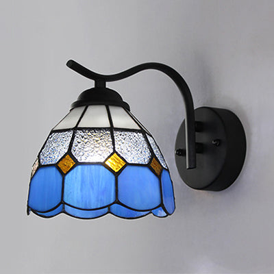 Mediterranean Dome Wall Lighting with Curved Arm Stained Glass 1 Light Sconce Light in White/Clear