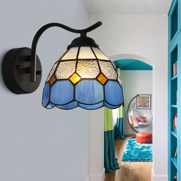 Mediterranean Dome Wall Lighting with Curved Arm Stained Glass 1 Light Sconce Light in White/Clear