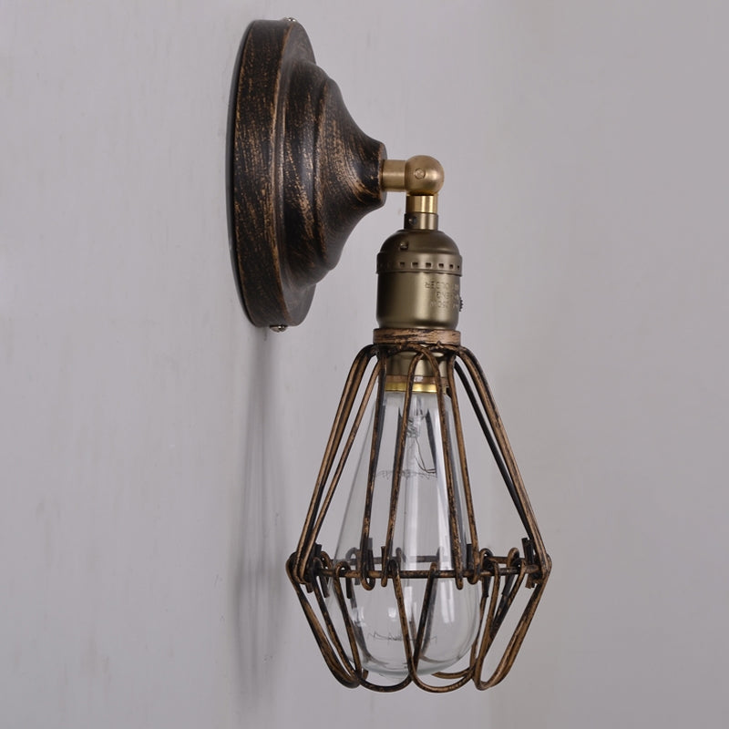 1 Light Mini Caged Wall Lamp Rustic Stylish Weathered Brass Iron Wall Sconce Lighting for Dining Room