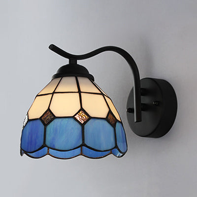 Mediterranean Dome Wall Lighting with Curved Arm Stained Glass 1 Light Sconce Light in White/Clear