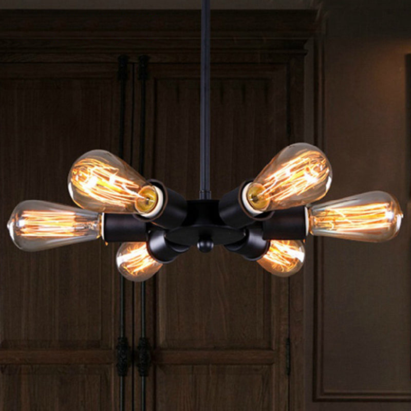 Industrial Exposed Pendant Light 6 Bulbs Metallic Adjustable Chandelier Lighting in Black for Study Room