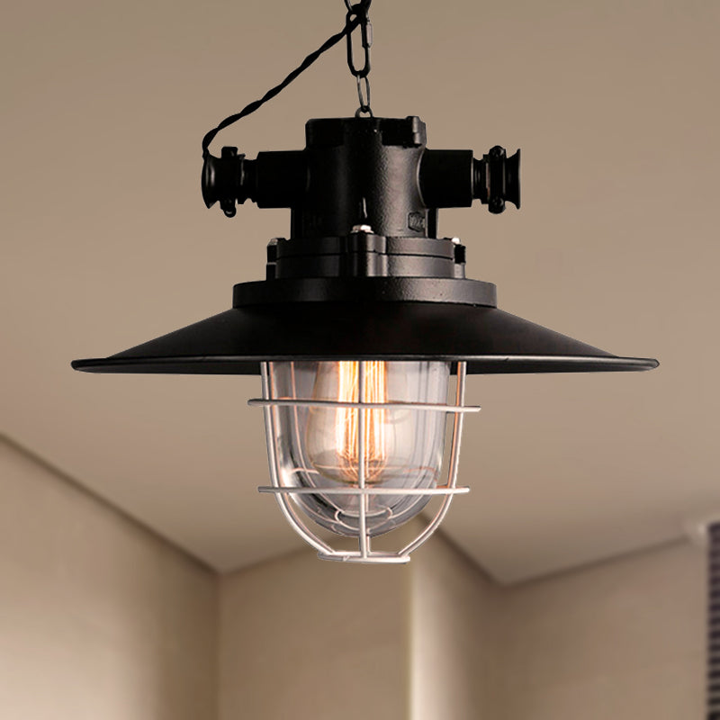 Wire Cage Restaurant Hanging Lamp with Saucer Shade Nautical Metal 1 Bulb Black Ceiling Pendant