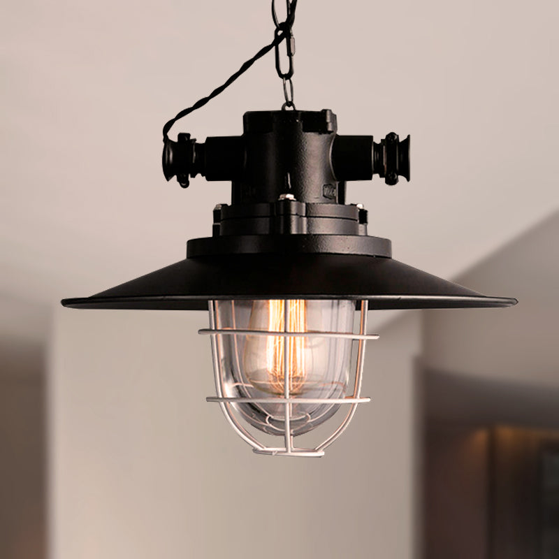 Wire Cage Restaurant Hanging Lamp with Saucer Shade Nautical Metal 1 Bulb Black Ceiling Pendant