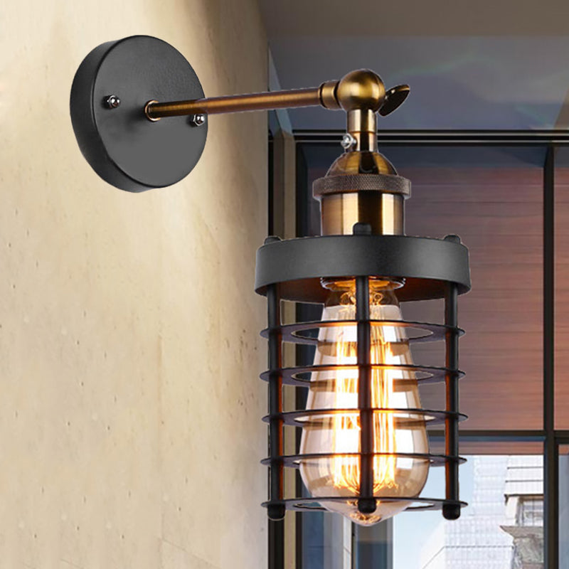 Metal Caged Wall Lighting Industrial Rustic 1 Light Indoor Mini Wall Mount Light with Cylindrical Shade