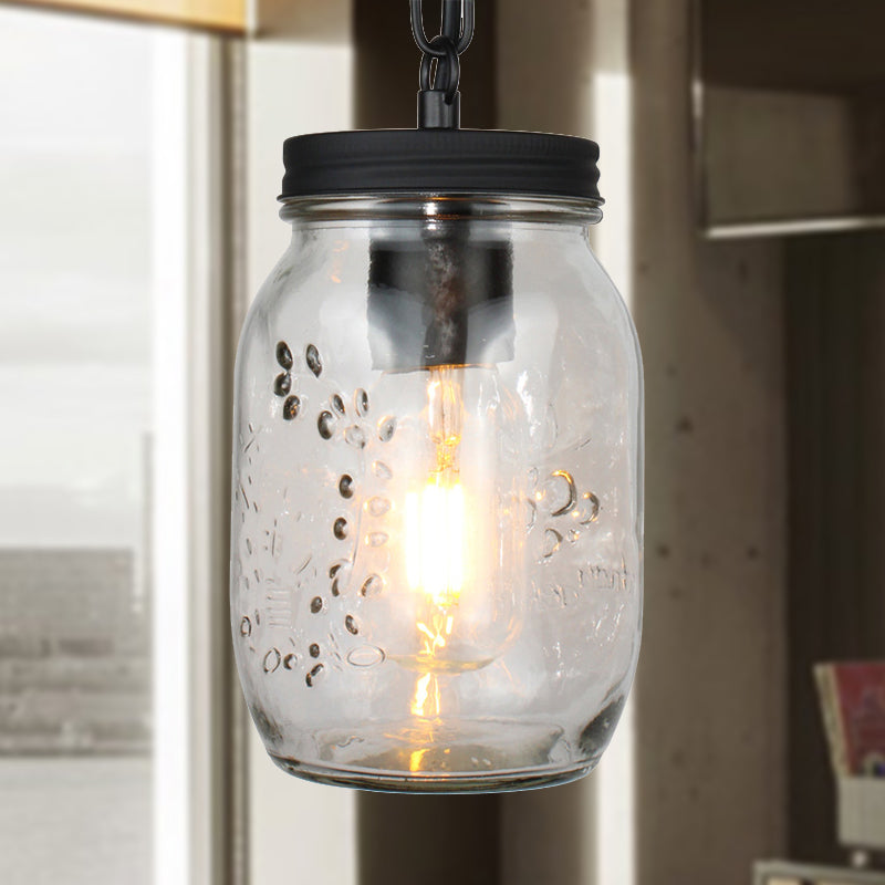 Modern Mason Jar Hanging Ceiling Light 1 Light Clear Glass Pendant Lighting in Black
