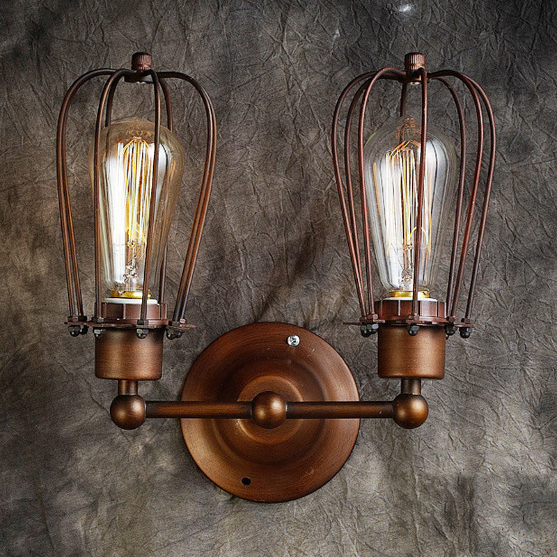 Industrial Style Caged Wall Sconce Lighting with Bulb Shade 2 Lights Metal Mini Wall Light in Copper/Aged Silver