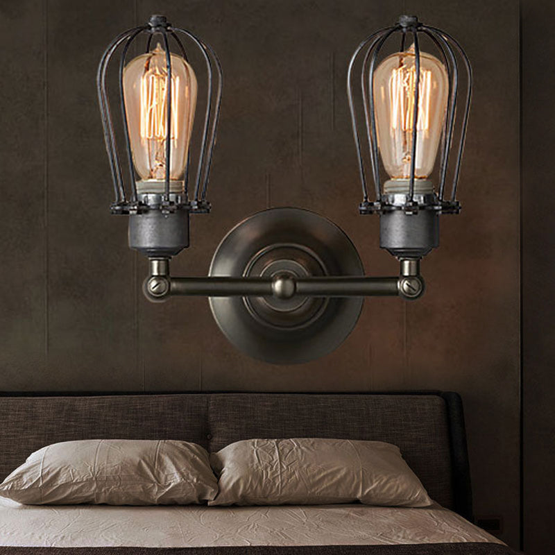 Industrial Style Caged Wall Sconce Lighting with Bulb Shade 2 Lights Metal Mini Wall Light in Copper/Aged Silver