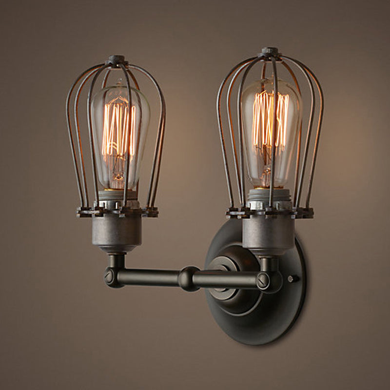 Industrial Style Caged Wall Sconce Lighting with Bulb Shade 2 Lights Metal Mini Wall Light in Copper/Aged Silver