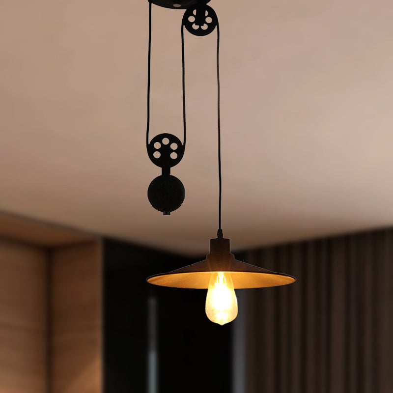 1 Light Pulley Pendant Light with Flared Shade Farmhouse Style Black Metal Hanging Lamp for Indoor