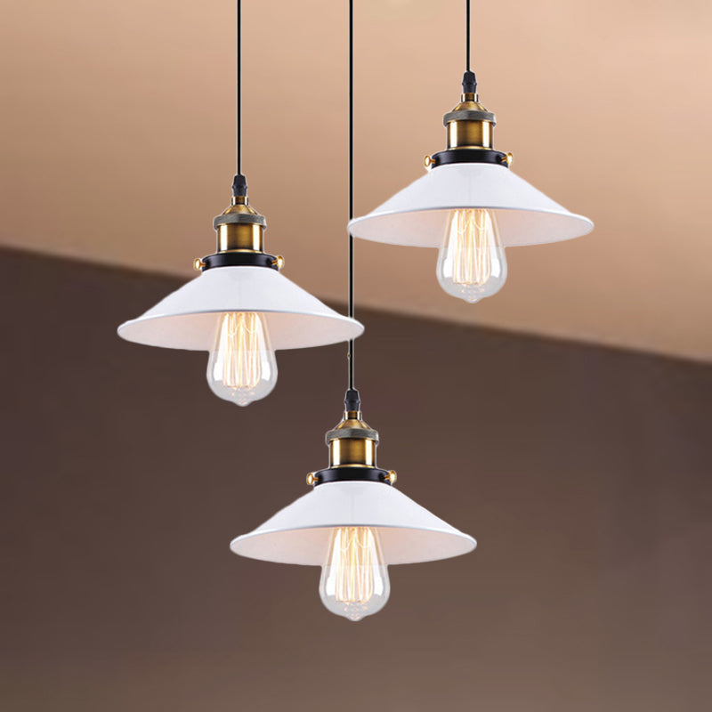 White Conic Ceiling Pendant Industrial Style Metallic 3 Heads Indoor Hanging Light with Linear/Round Canopy