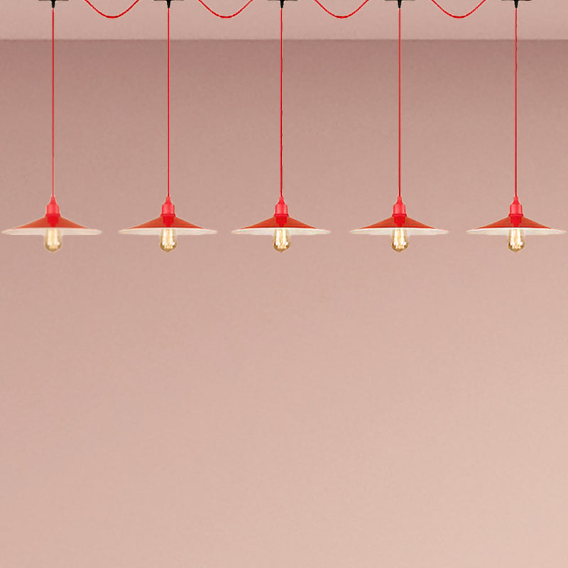 Industrial Style Flared Hanging Lamp 3/5 Lights Metallic Hanging Light Fixture in Red for Kitchen