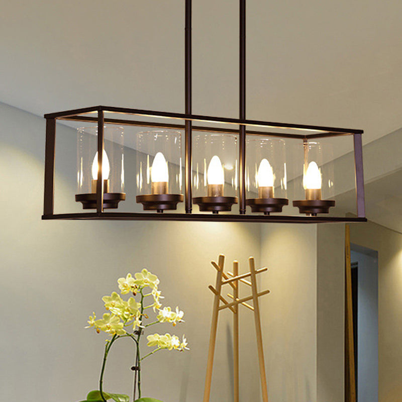 5/6 Lights Dining Room Hanging Light Kit Classic Black Island Lighting with Cylinder Clear Glass Shade