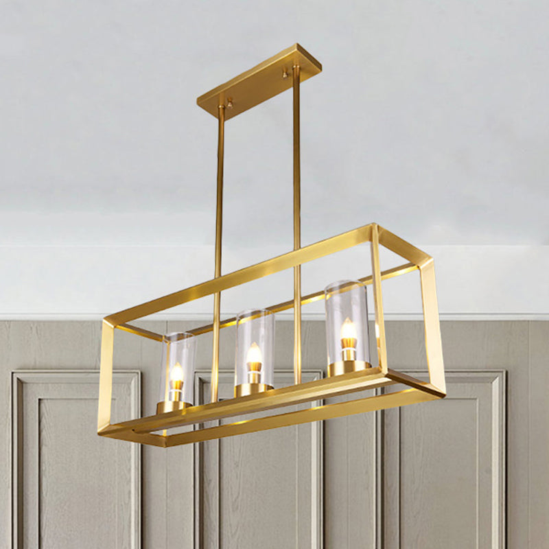 Classic Rectangle Hanging Pendant Light 3/4/5 Lights Clear Glass Island Lighting in Gold for Dining Room