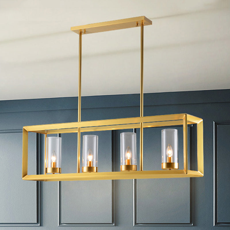 Classic Rectangle Hanging Pendant Light 3/4/5 Lights Clear Glass Island Lighting in Gold for Dining Room