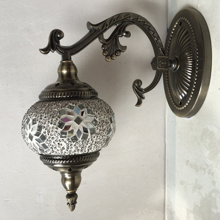 Antique Armed Sconce Metal 1 Bulb Wall Mounted Light Fixture with Global Tan/White Glass Shade for Stairway