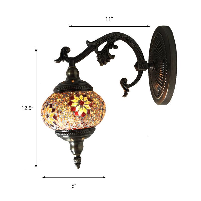 Antique Armed Sconce Metal 1 Bulb Wall Mounted Light Fixture with Global Tan/White Glass Shade for Stairway