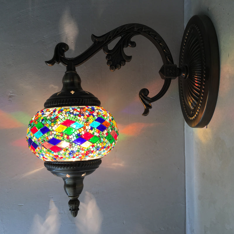 Curved Arm Sconce Light Traditionary Metal 1 Head Bronze Wall Mounted Lamp with Ball Yellow/Green Glass Shade for Balcony