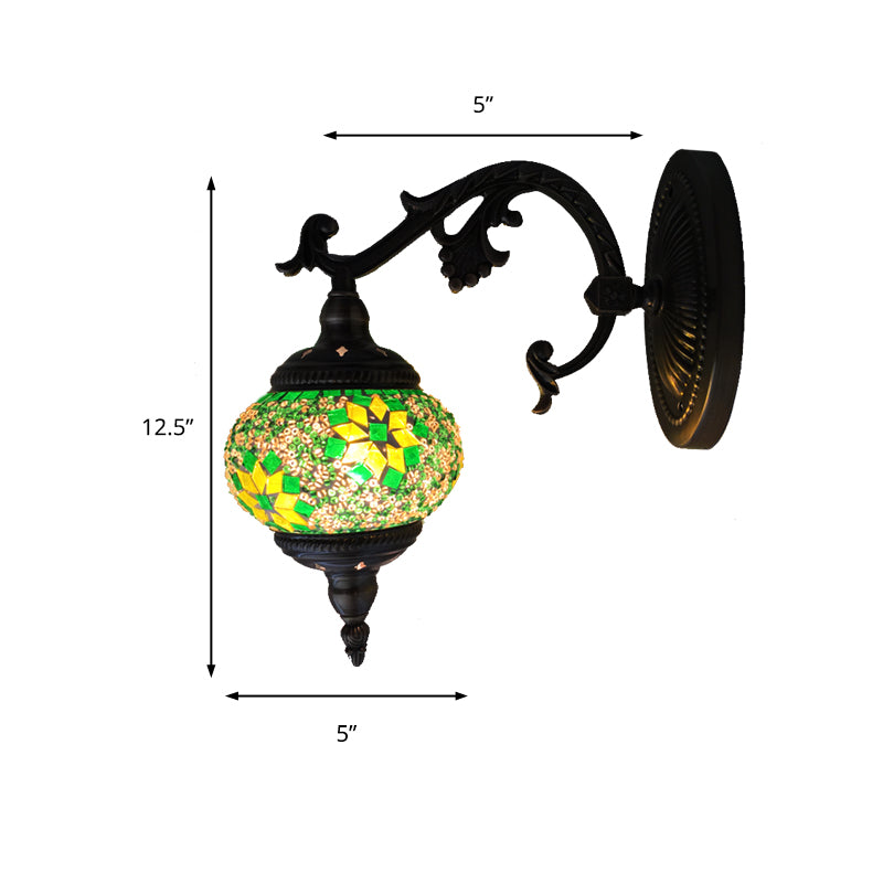 Armed Wall Lighting Traditional Metal 1 Bulb Bronze Sconce Light Fixture with Global Green Glass Shade